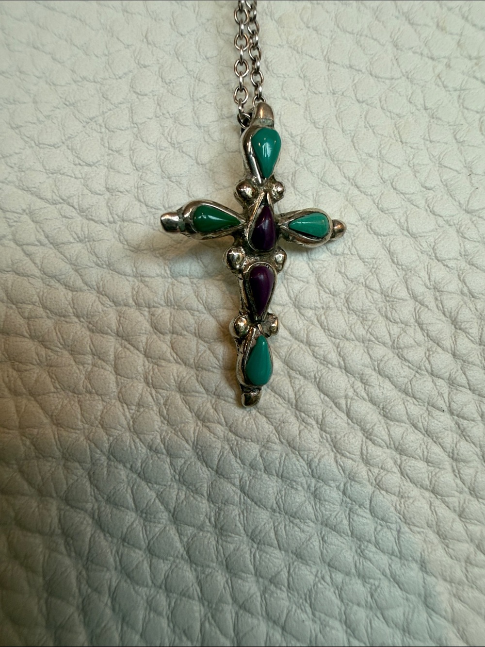925 Sterling Silver Turquoise & Purple Turquoise Inlay Cross Pendant Necklace